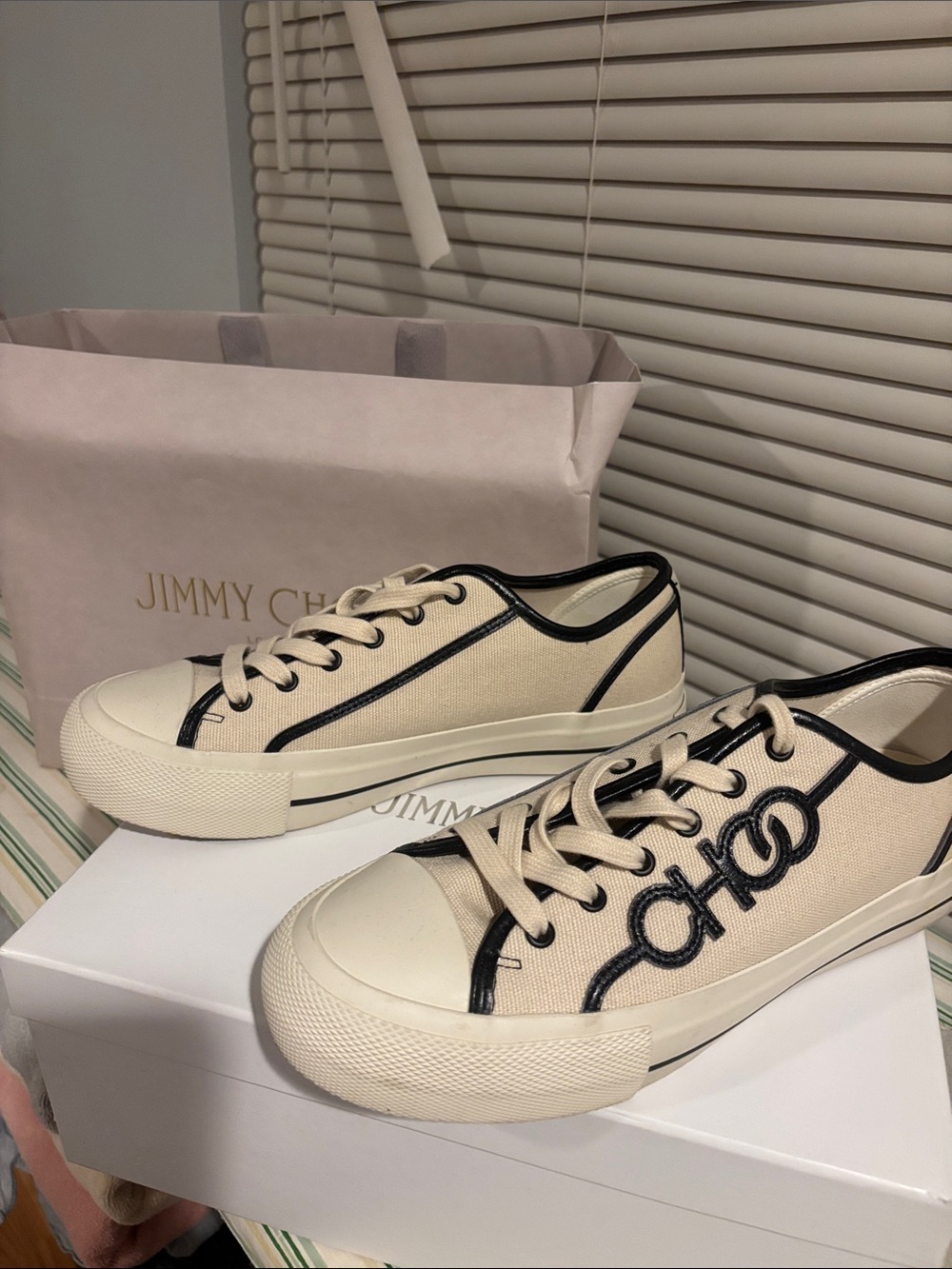 Jimmy Choo Cream Canvas Low-Top Sneakers with Black Piping